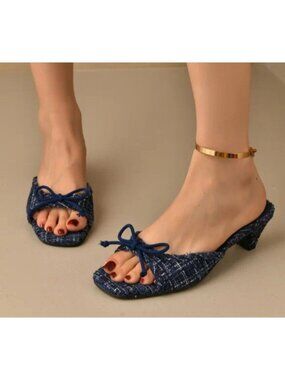 ZARA Blue Tweed Kitten Heel Mules Bow Detail Slip On Shoes Women Size 39EU8.5 US
